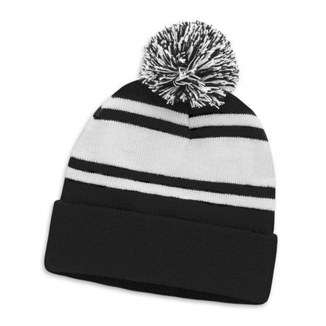 Striped Pom-Pom Beanie - Black