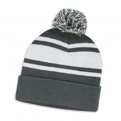 Striped Pom-Pom Beanie - Grey