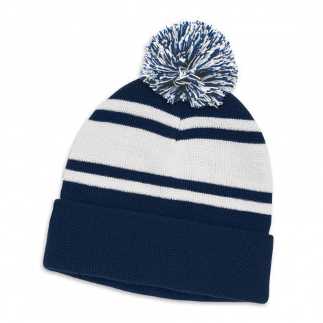 Striped Pom-Pom Beanie - Navy