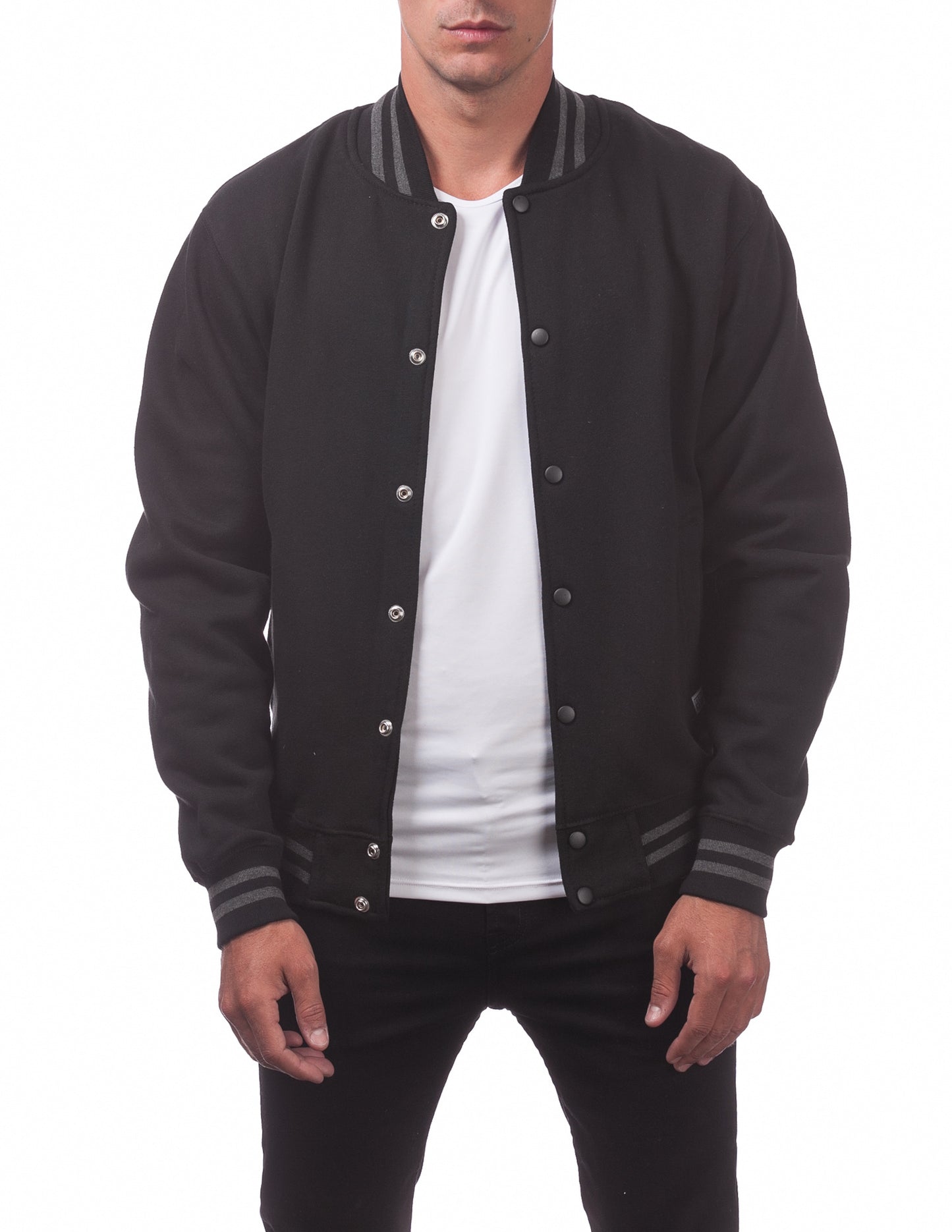 Pro Club Mens Varsity Fleece Baseball Jacket Black Front Open