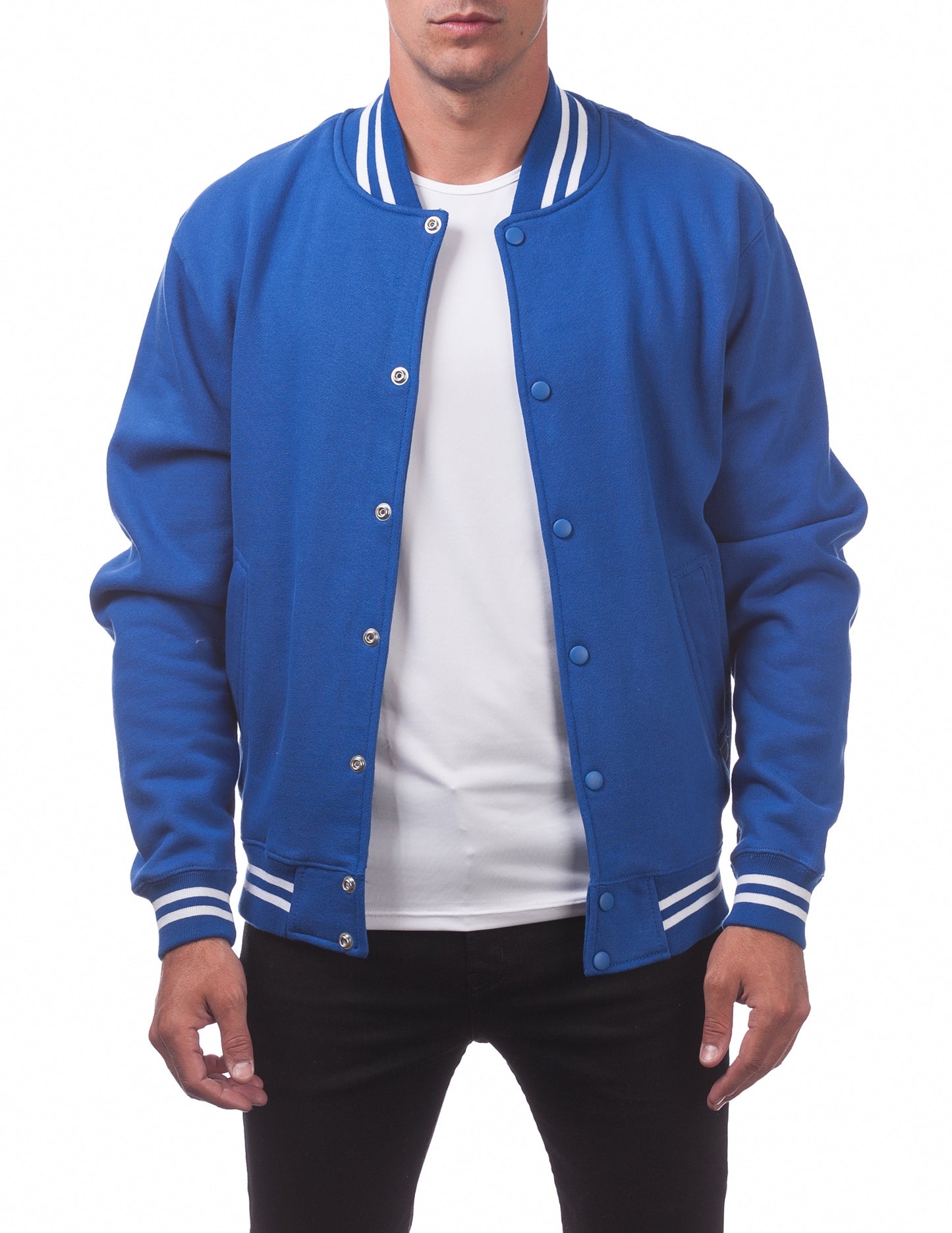Pro Club Mens Varsity Fleece Baseball Jacket Blue Front Open