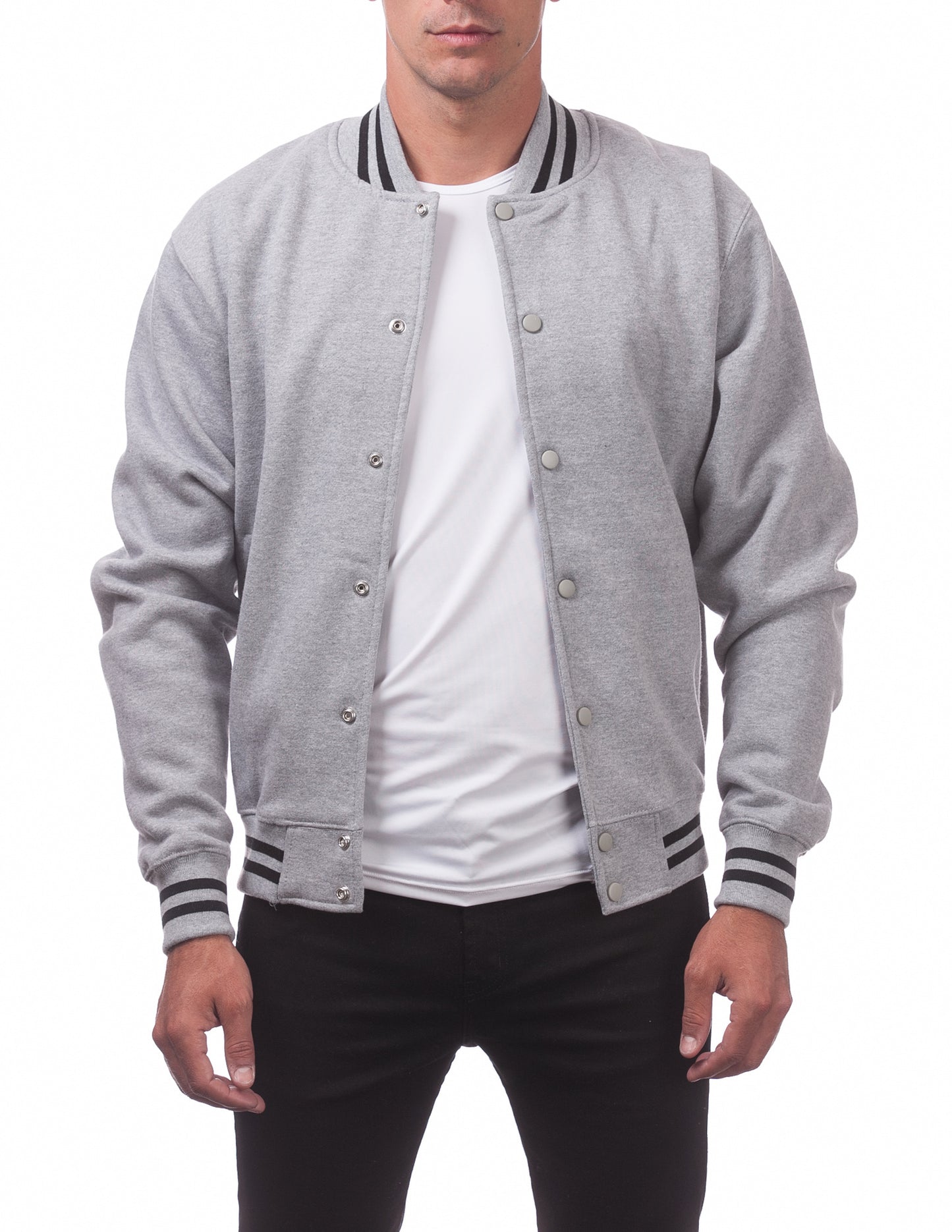 Pro Club Mens Varsity Fleece Baseball Jacket Heather Grey Front Open