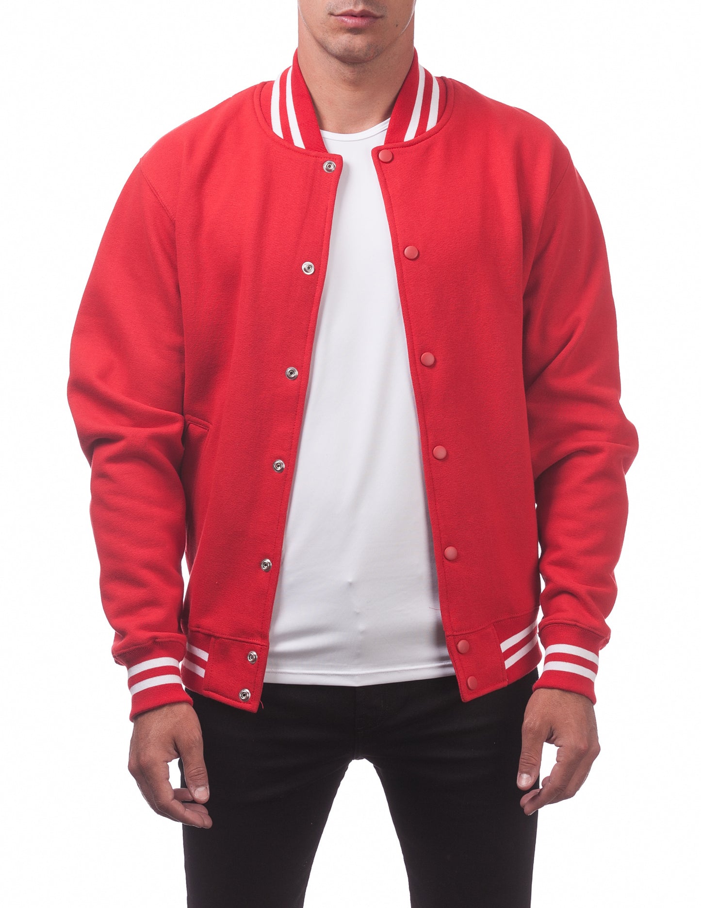 Pro Club Mens Varsity Fleece Baseball Jacket Red Front Open